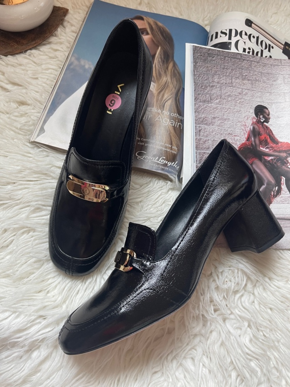 New VINCI Black Women's Block Heel Loafers with Gold Accent